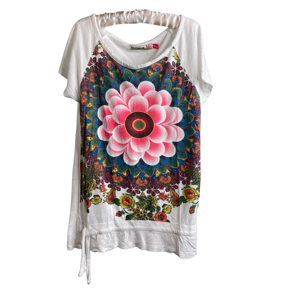 Desigual Girls White Floral Graphic T-Shirt Sz 9/10 Fun Euro Art To Wear Cheeky